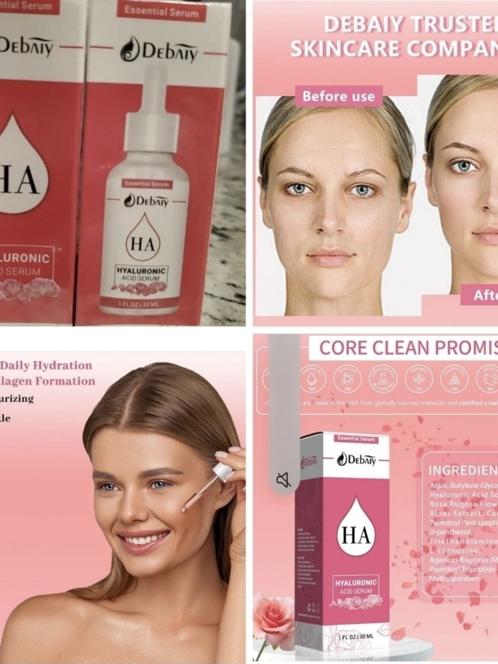 2 Rose Hyaluronic Acid Serum Face Anti-Wrinkle/Aging Serum w/Palmitoyl Pentapept